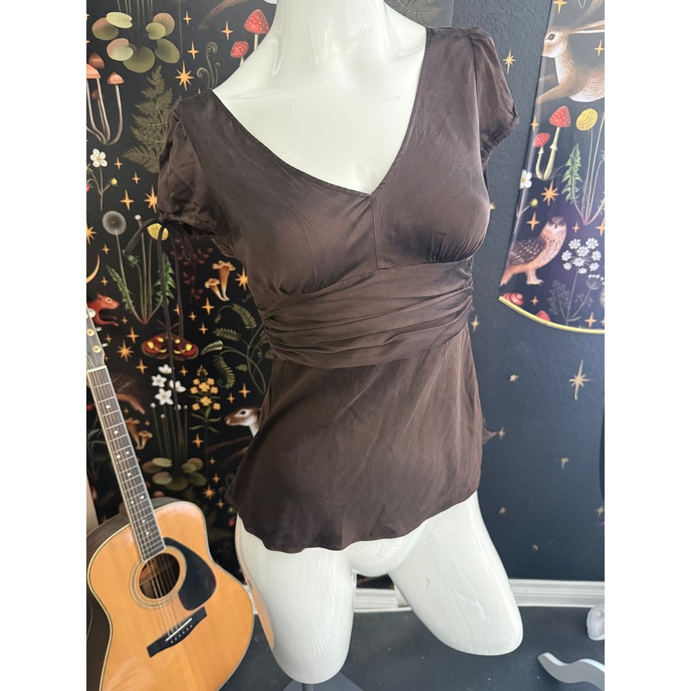 Express Design Studio Brown Silk Blend Empire Waist Tie Back V-Neck Blouse Small